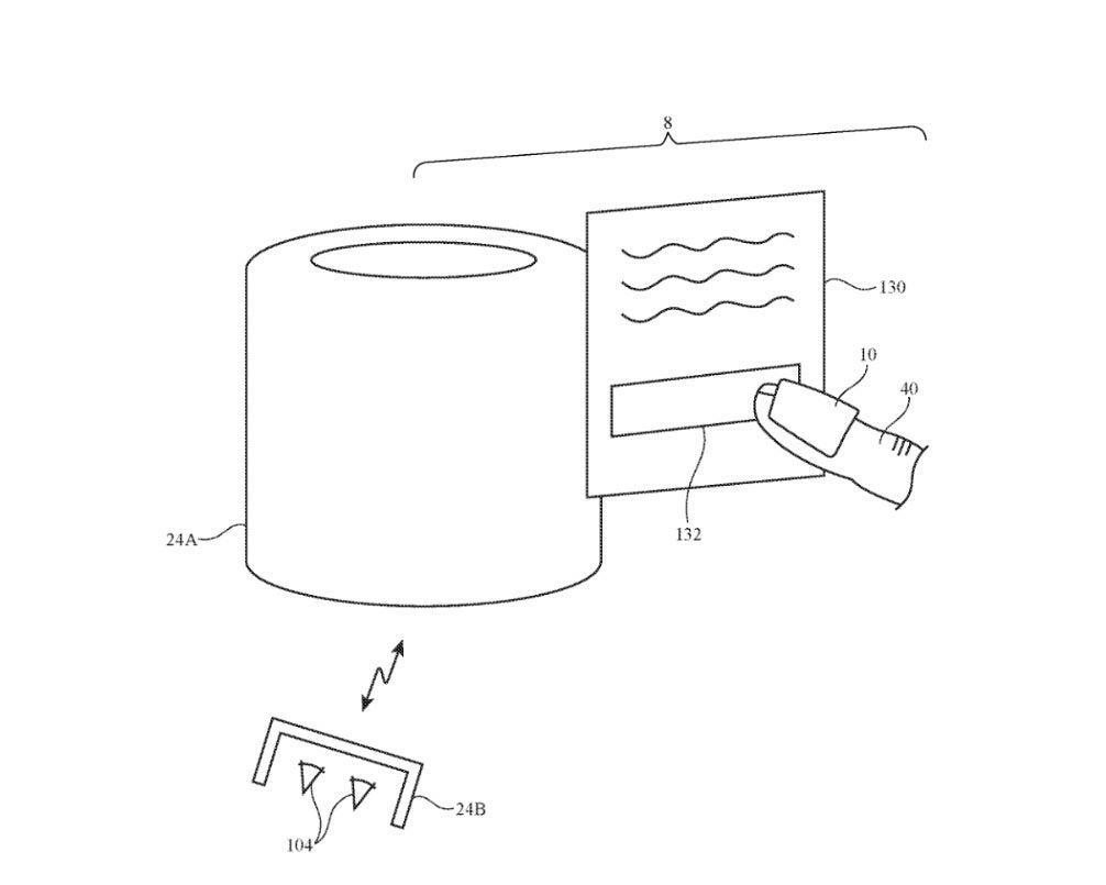 Illustration from patent application shows how the finger-worn device can be used to lower the volume on the HomePod using virtual controls - This could be how you'll move virtual objects on Apple Glasses