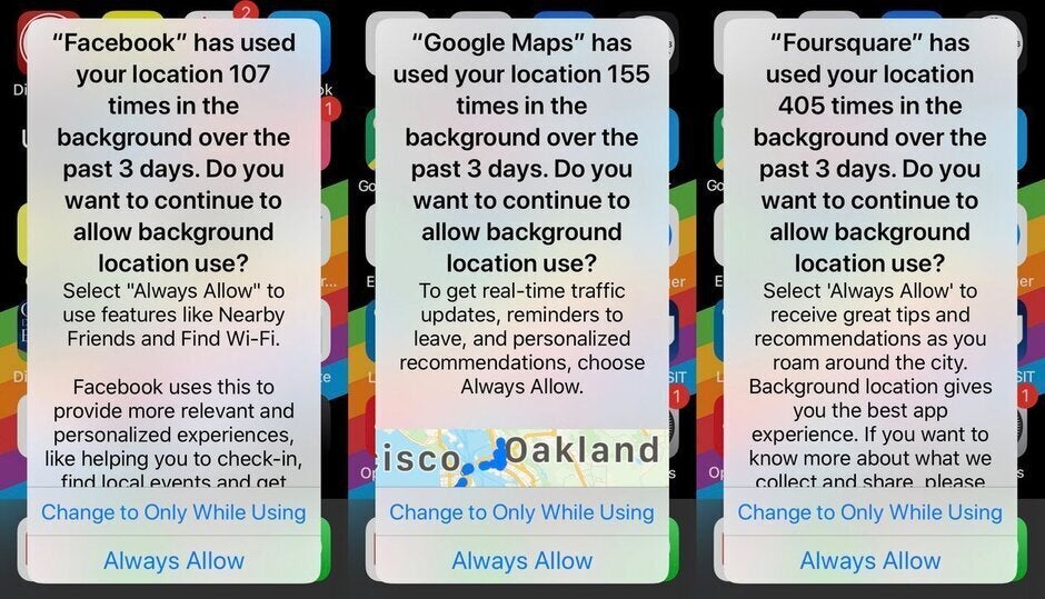 Screenshots showing the new iOS 13 feature that allows users to opt-out of the collection of location sharing data in the background - New feature has dropped the collection of iOS users' location data by 68%