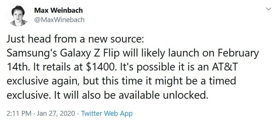 Tweet from XDA&#039;s Max Weinbach reveals a possible AT&amp;amp;T exclusivity for the Samsung Galaxy Z Flip - Samsung Galaxy Z Flip might be available from only one U.S. carrier (Nope: Sprint and AT&amp;T on day one)