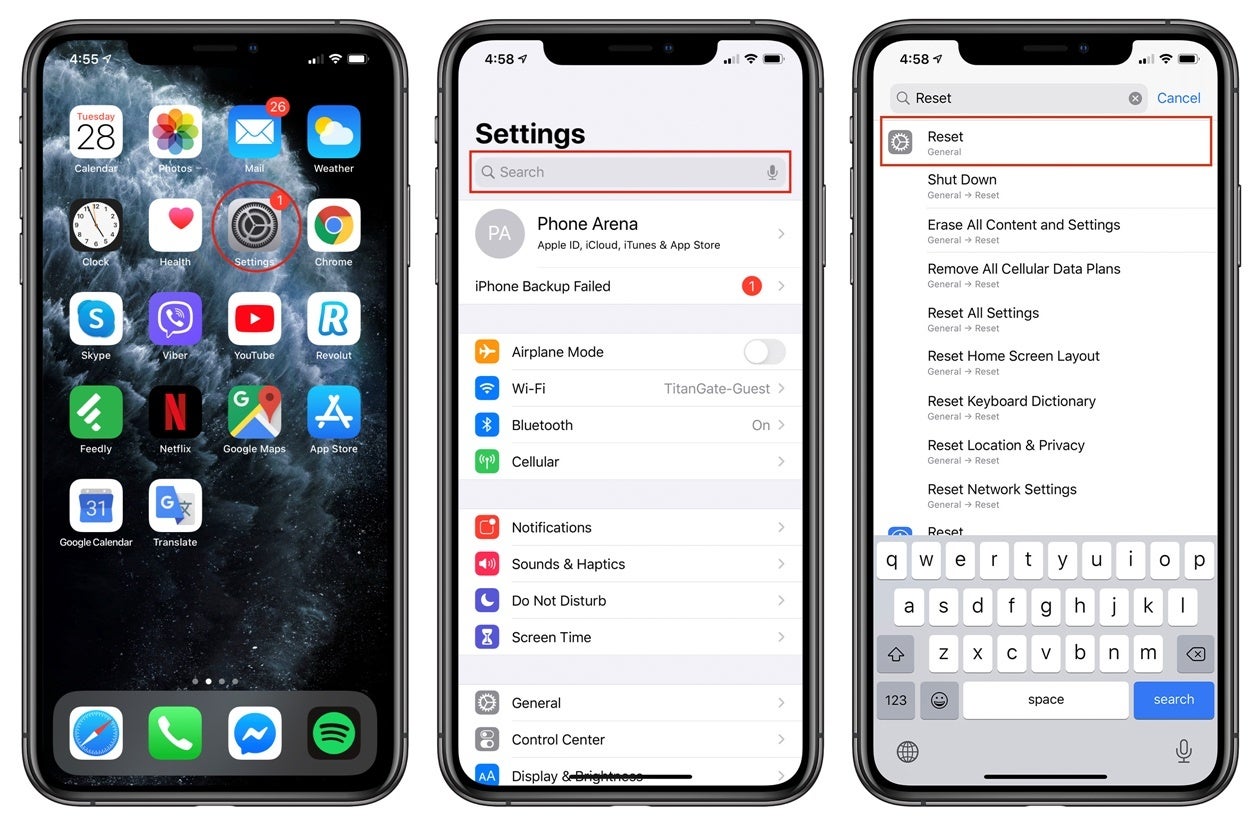 Or you can go into Settings, scroll down to reveal the Search bar and type in Reset to quickly go to that menu - How to factory reset an iPhone
