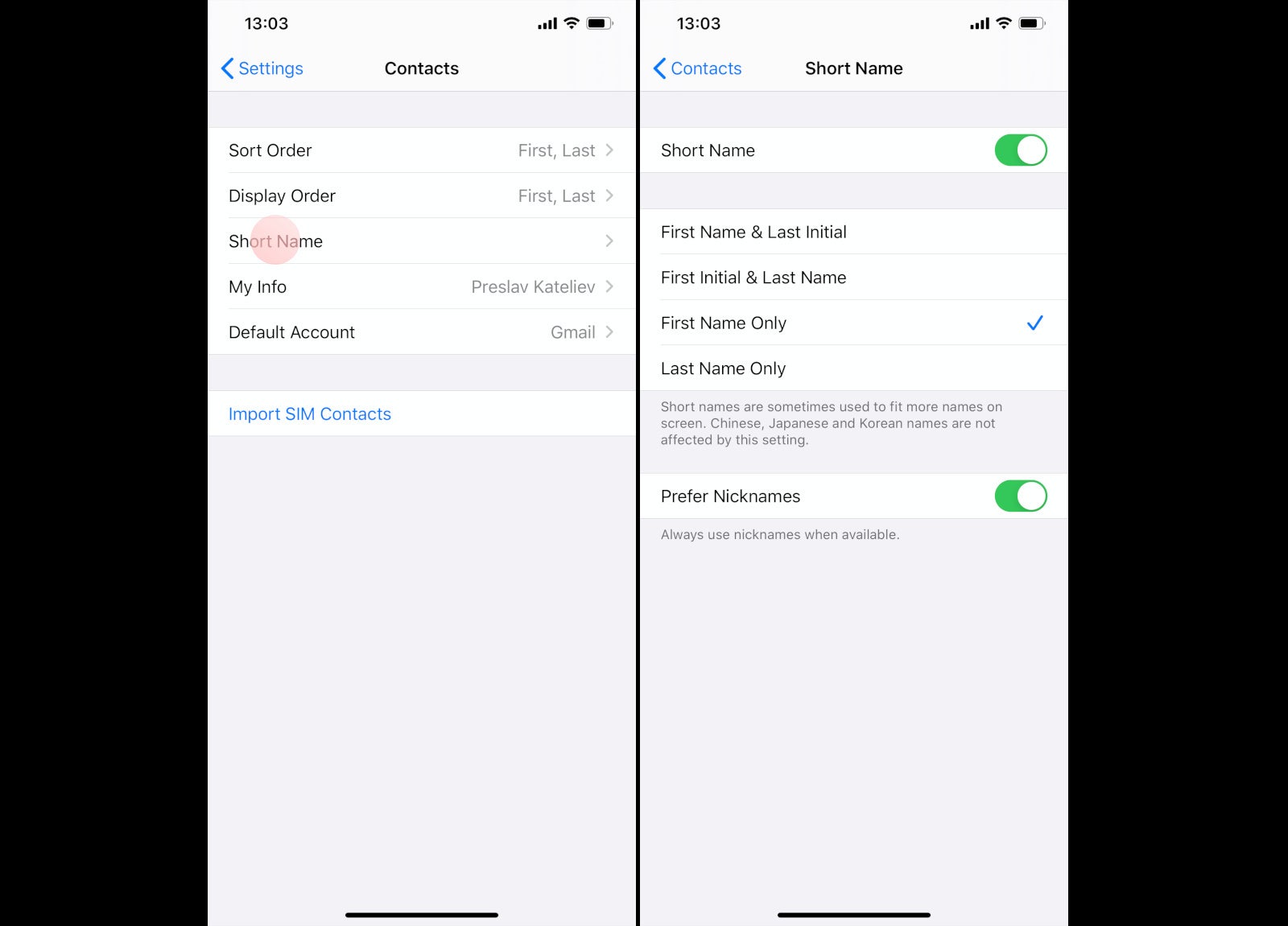 How to sort contacts by first or last name on iPhone