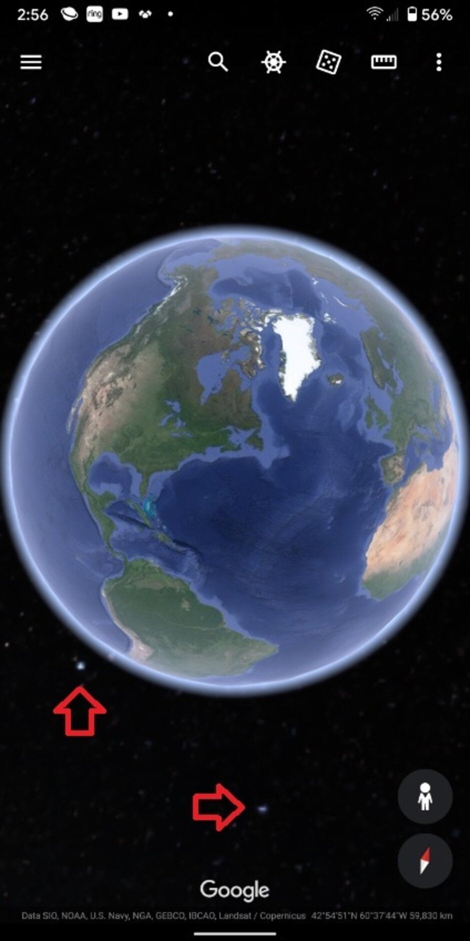 Arrows point out stars that now appear on the Google Earth app - Google reaches for the stars with update to mobile Earth app