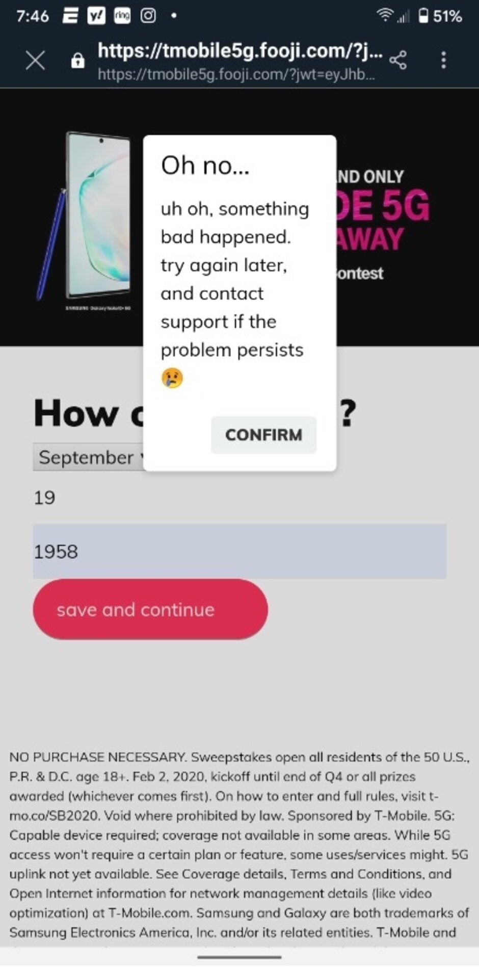 Some people are not receiving a valid link and are unable to enter the sweepstakes - T-Mobile is giving away 60 Samsung Galaxy Note 10+ 5G phones during the Super Bowl