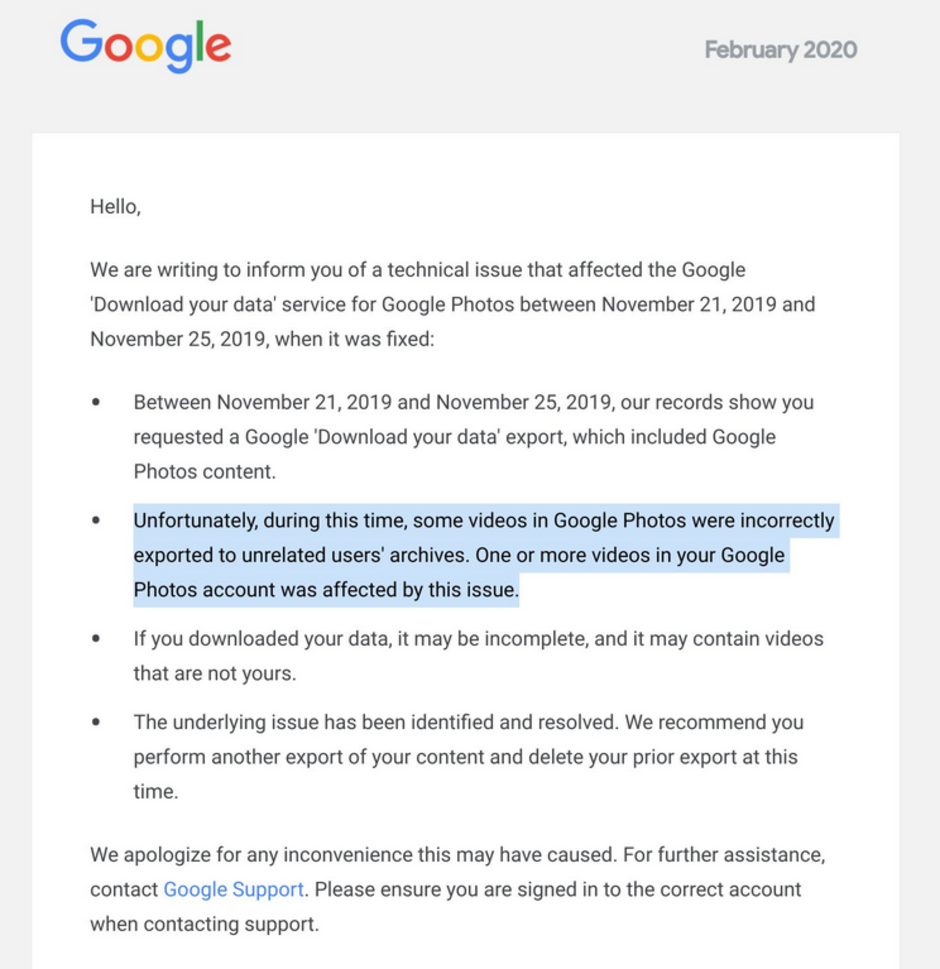 Google alerts affected Google Photos app users that strangers might own a copy of the video they shot - Google bug accidentally shares users' private videos with strangers