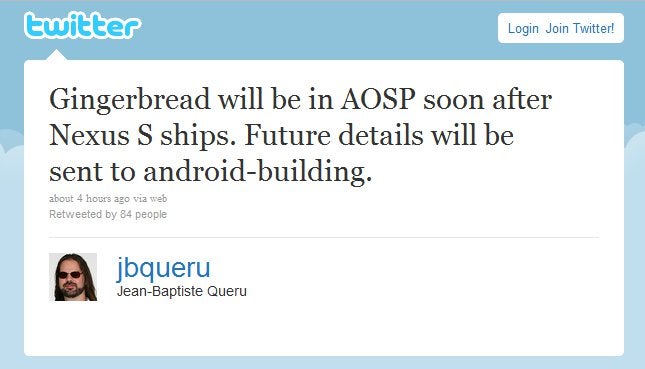 Gingerbread will appear in AOSP soon after Nexus S ships