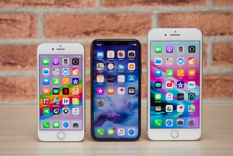 iPhone 8 (left), iPhone X (center) and iPhone 8 Plus (right)