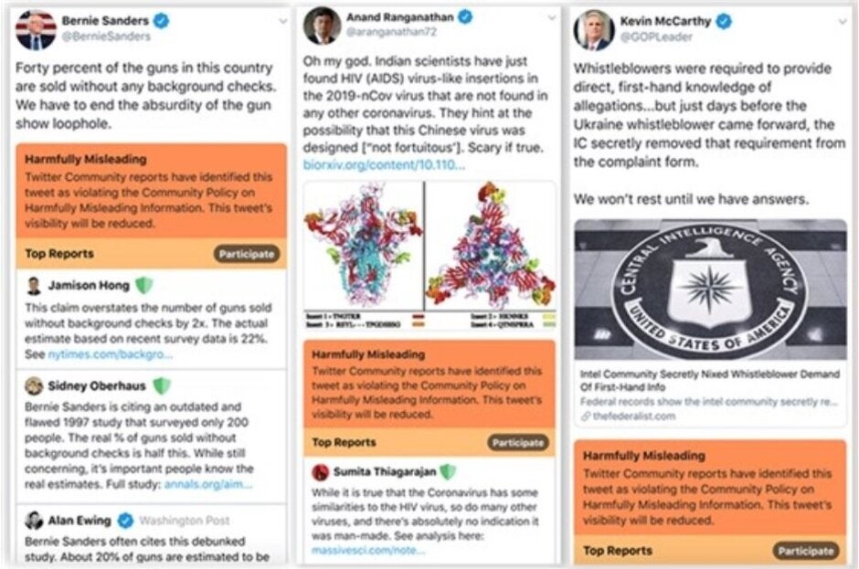 Examples of tweets that would be considered Harmfully Misleading" under one iteration of a new Twitter policy leaked to NBC News - Leak reveals how Twitter might fight back against misleading tweets
