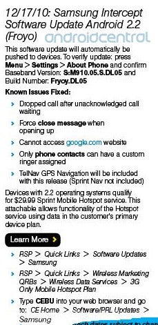 The Samsung Intercept could be served Froyo as soon as today - Samsung Intercept to advance to Android 2.2 today