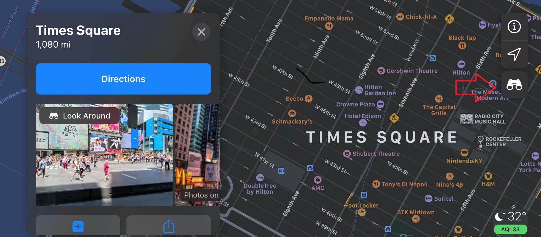Cities with Look Around have a binoculars icon in the right corner of the display - This Apple Maps feature is better than Google's version of the same thing