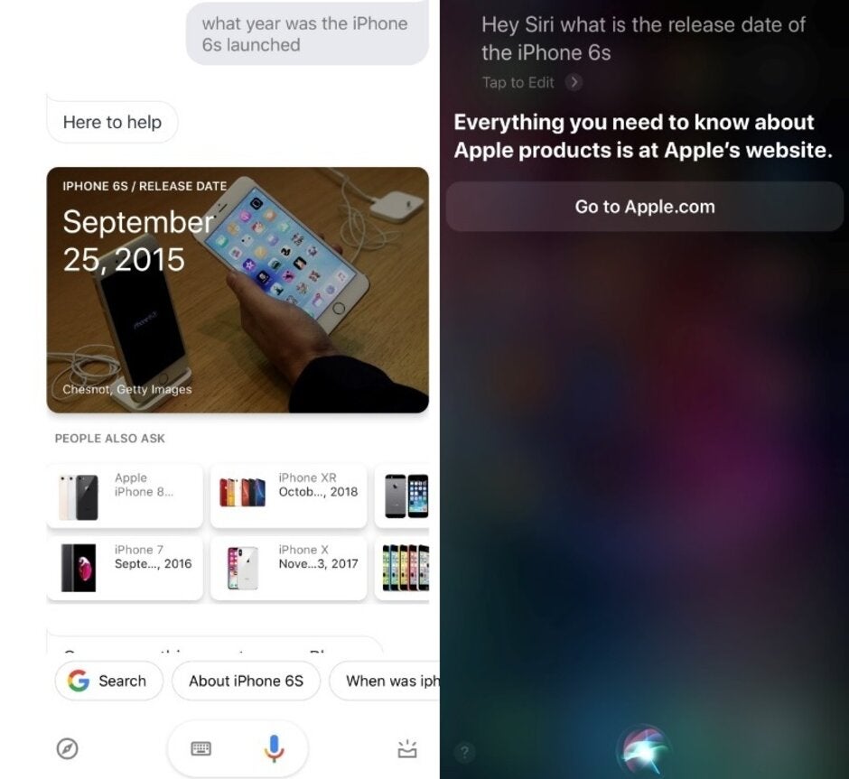 When was the iPhone 6s released? Answers from Google Assistant and Siri - Apple has a Siri-ous problem