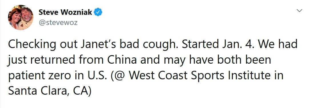 Apple co-founder Steve Wozniak says that he might have been the first with coronavirus in the states - The Woz says he and his wife could have been the first in the U.S. infected with COVID-19