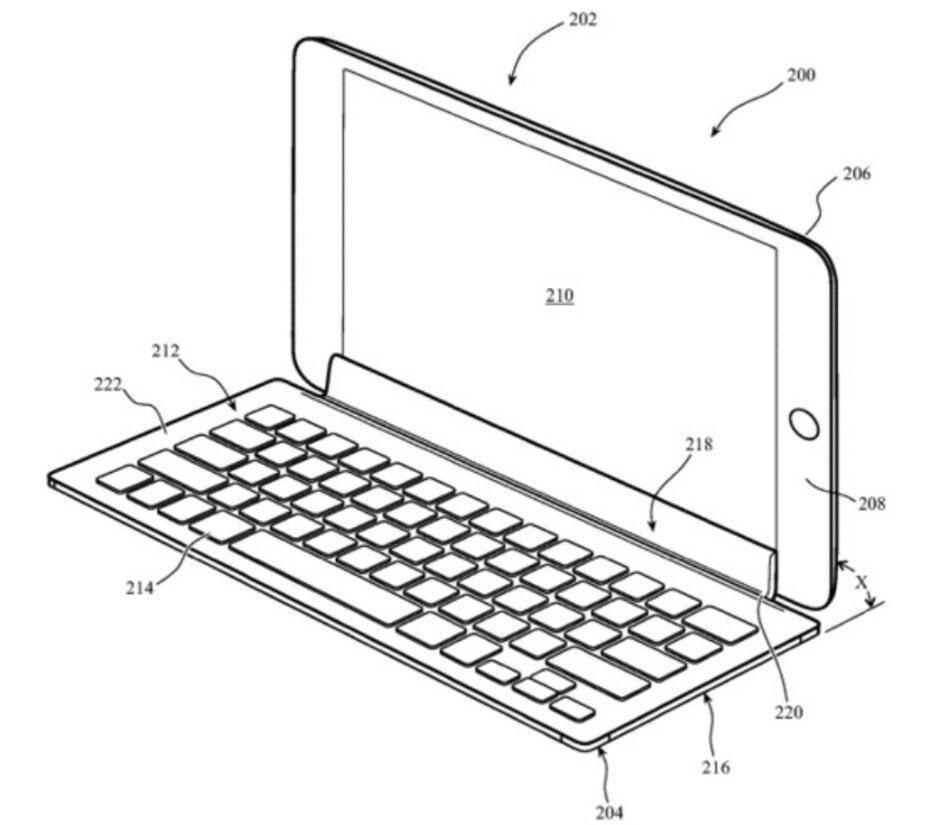 Illustration from Apple's patent showing how a keyboard accessory could connect to an iPad through the tablet's display - Apple AirPods Pro Lite production to start, iPhone 9 prototypes tested, new patent application filed