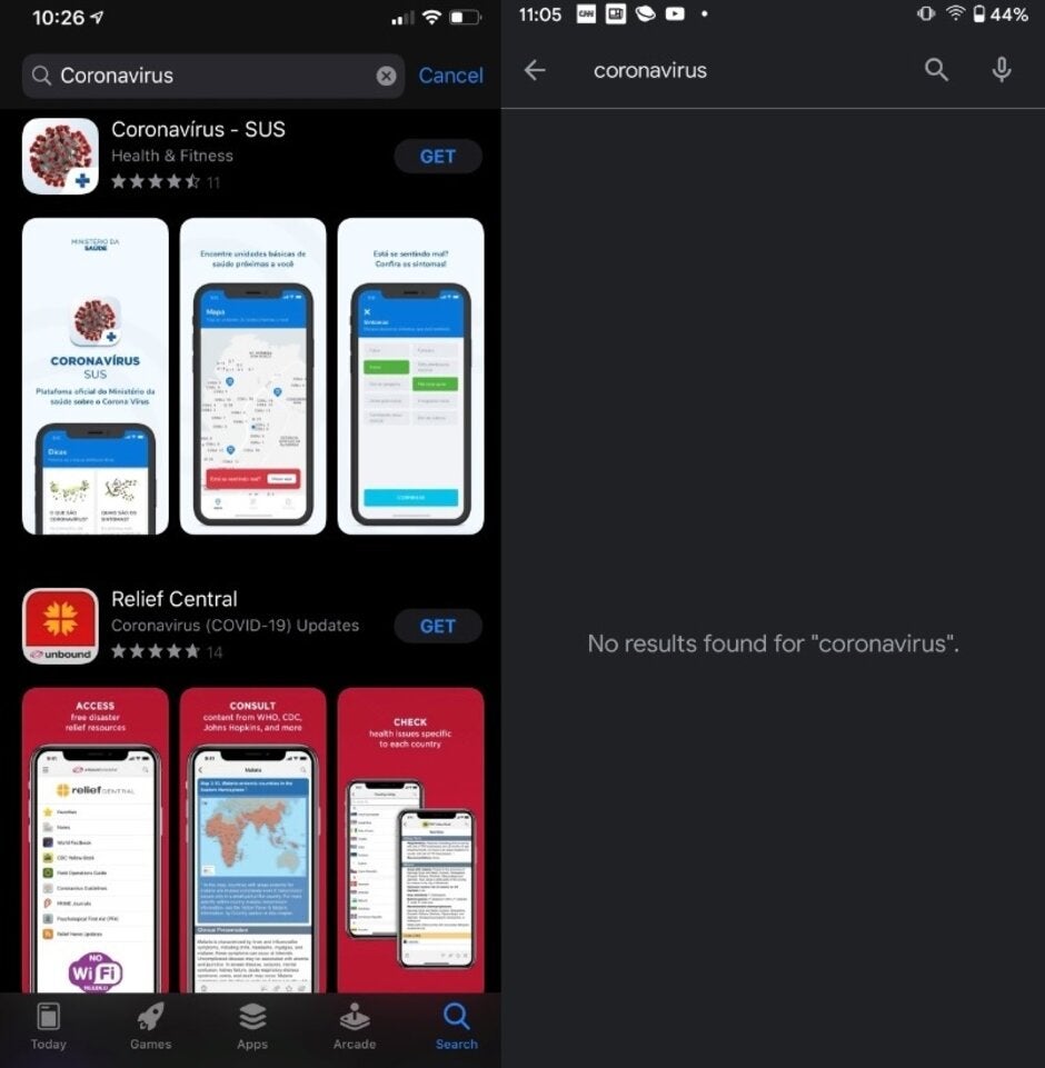 Search results for coronavirus apps from the App Store (L) and Google Play Store - Developers say that Apple has rejected their coronavirus app submissions