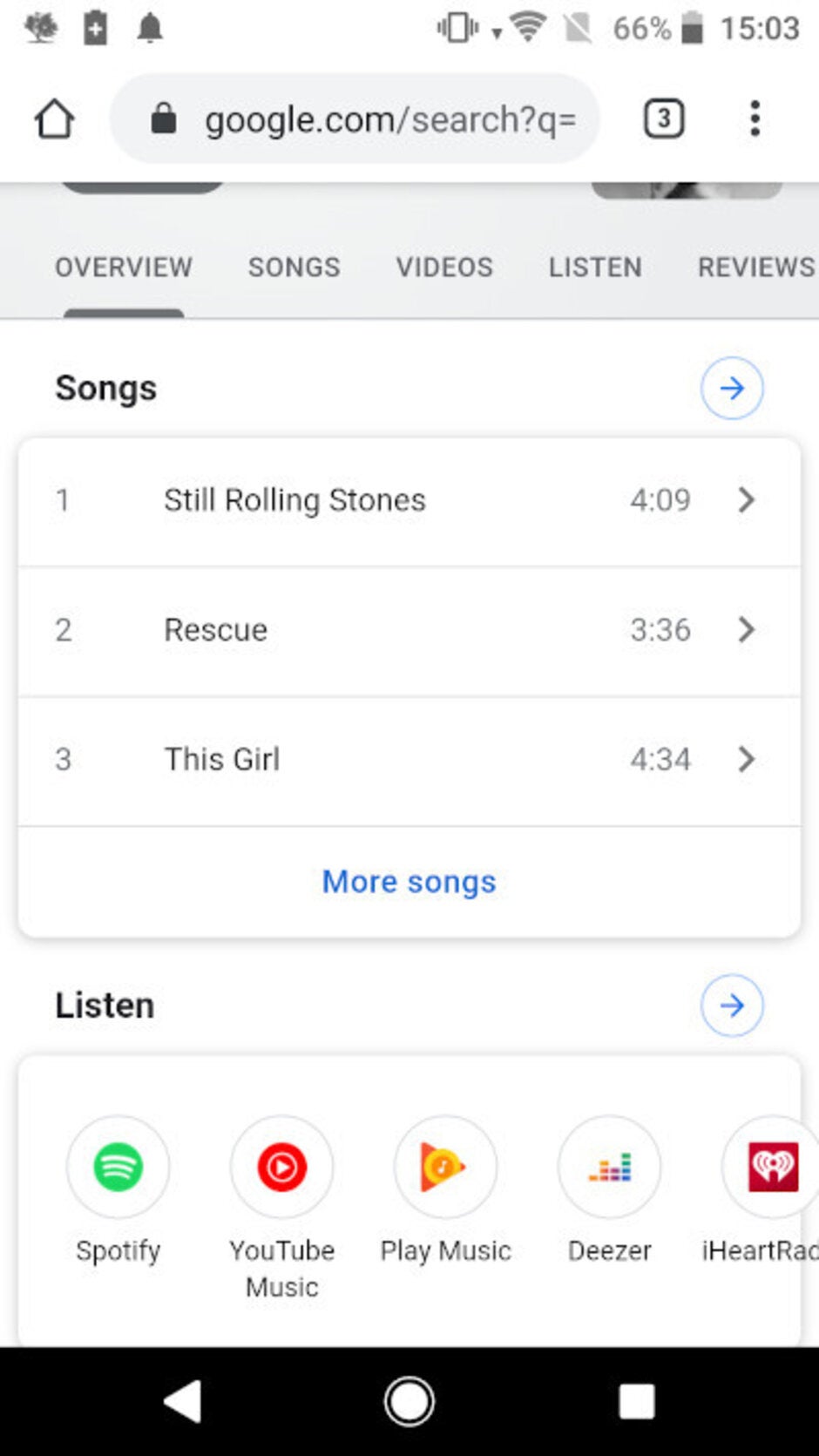 Mobile view - YouTube Music now gets featured alongside Spotify and Google Play Music in search results