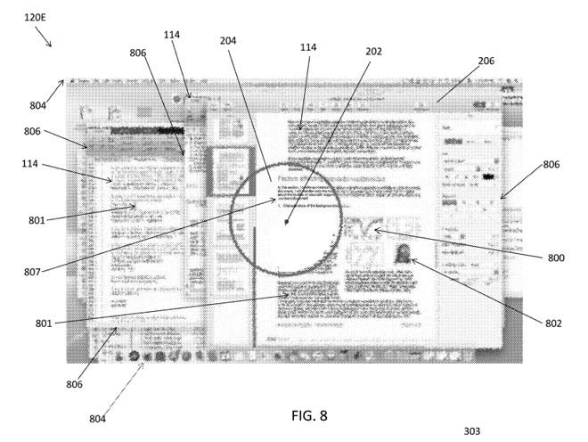 The area, where the user is looking, is clear, while the rest is encrypted or obscured - Future iPhones may encrypt display content if a stranger happens to glance at your screen