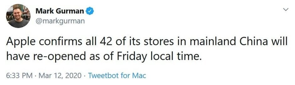 Tweet from Bloomberg's Mark Gurman passes on the good news - All 42 Apple Stores in China are now open
