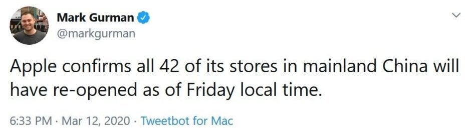 Tweet from Bloomberg&#039;s Mark Gurman passes on the good news - All 42 Apple Stores in China are now open