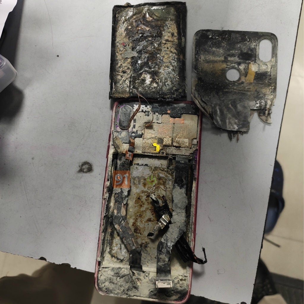 Vikesh Kumar's photo of the exploded smartphone - A Redmi Note 7 Pro’s battery exploded, reportedly due to prior damage