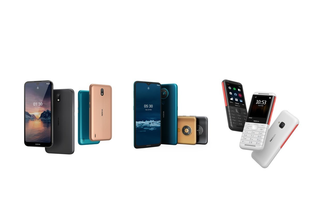 Nokia 1.3, Nokia 5.3, Nokia 5310 (left to right) - Check out Nokia's latest affordable smartphones and modernized feature phone