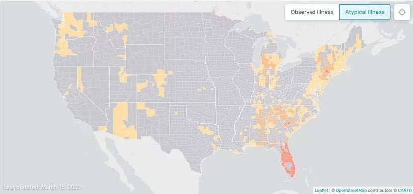 Image credit Kinsa - Smart thermometer map is an early-warning system for coronavirus spread in the US