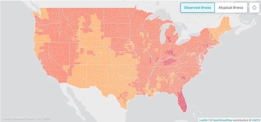 Image credit Kinsa - Smart thermometer map is an early-warning system for coronavirus spread in the US