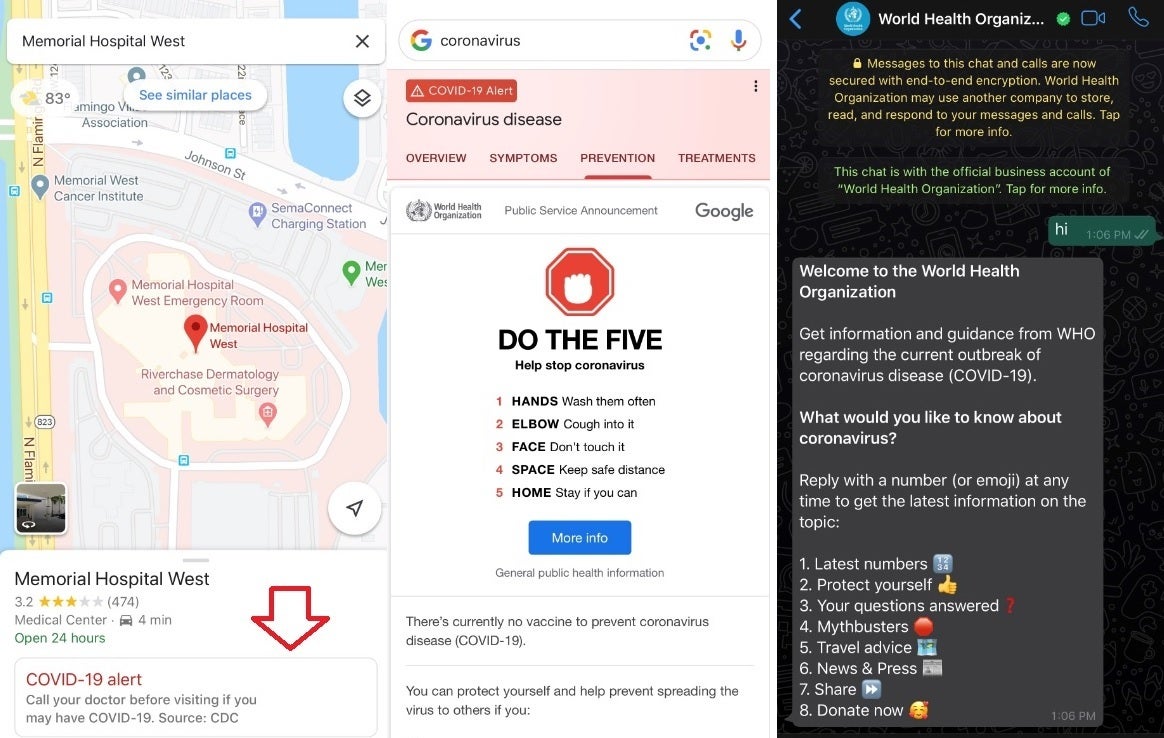 COVID-19 information from (L to R) Google Maps, Google Search and WhatsApp - New Google Maps feature is designed for those who fear that they have been infected