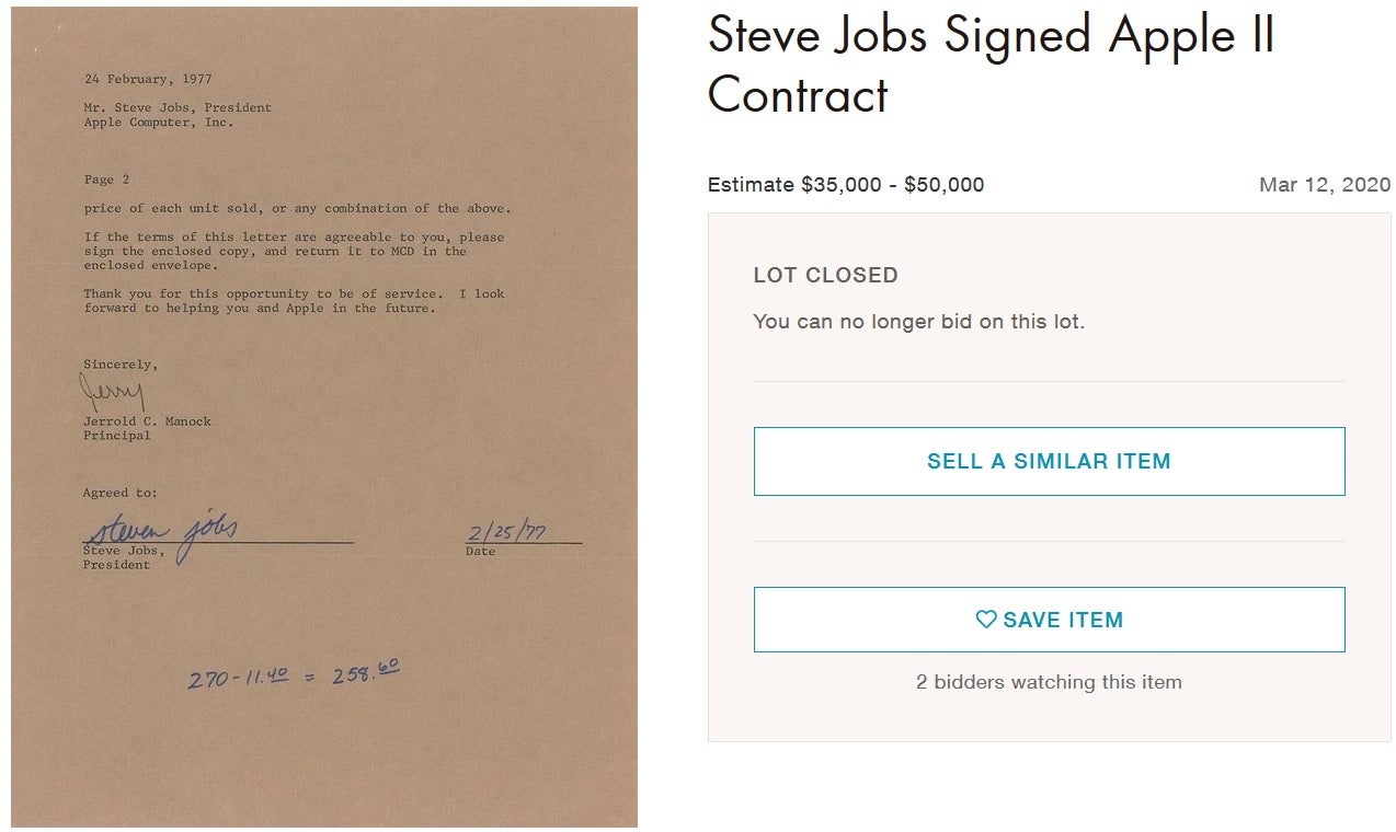 This Apple II contract signed by Steve Jobs was won at auction for $37,023 - Winning bidder spends $10,000 on a pair of Apple branded sneakers