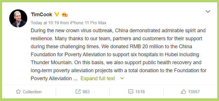 Tim Cook announces Apple's support on Chinese Twitter equivalent Weibo. - Apple donates over $7 million to COVID-19 recovery efforts in China
