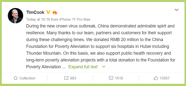 Tim Cook announces Apple&#039;s support on Chinese Twitter equivalent Weibo. - Apple donates over $7 million to COVID-19 recovery efforts in China