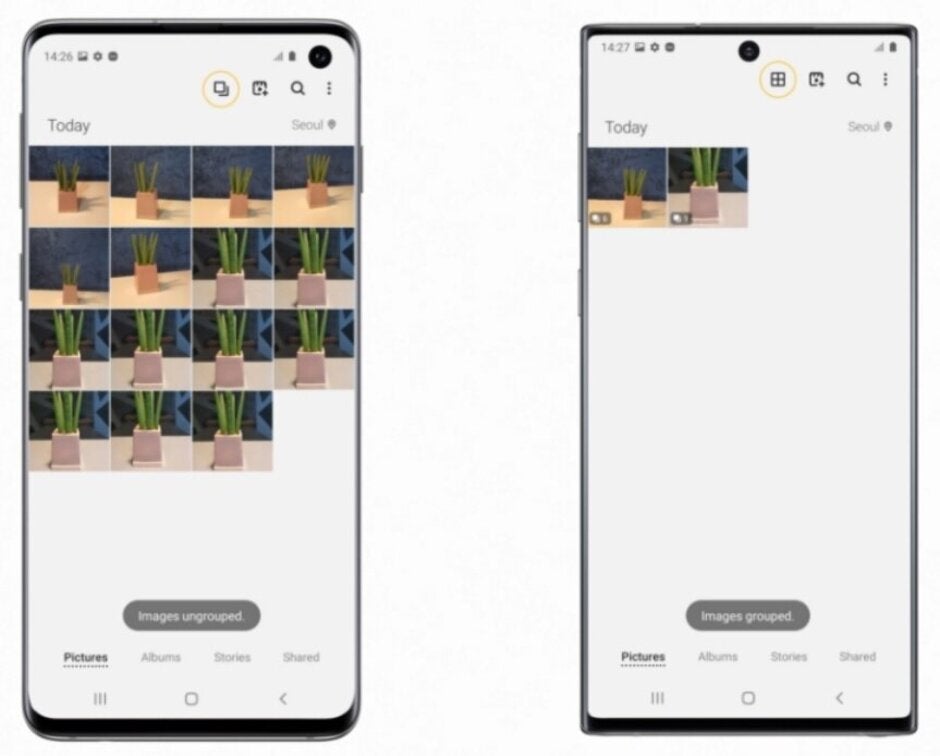 The Gallery app, with Clean View enabled for the Galaxy S10 (L) and Galaxy Note 10 (R), uses AI to group together images of similar subjects - Update is bringing photography features found on the Galaxy S20 Ultra 5G to last year's flagships