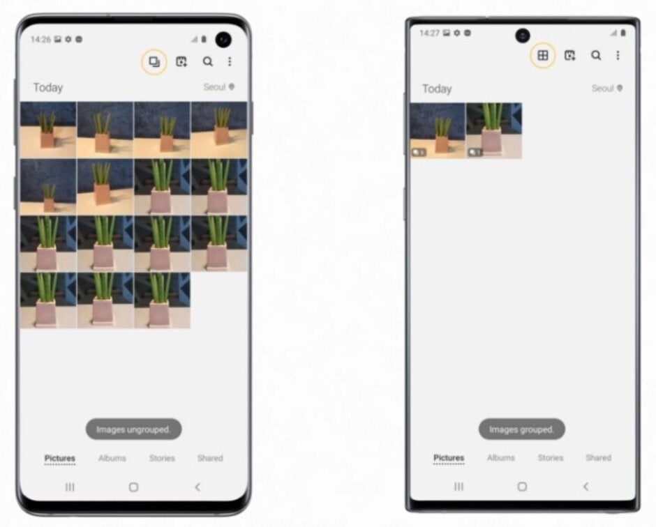 The Gallery app, with Clean View enabled for the Galaxy S10 (L) and Galaxy Note 10 (R), uses AI to group together images of similar subjects - Update is bringing photography features found on the Galaxy S20 Ultra 5G to last year&#039;s flagships