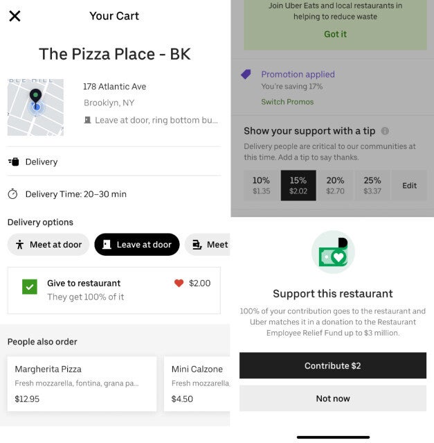 The Uber Eats app now provides an option to donate $2 to support 