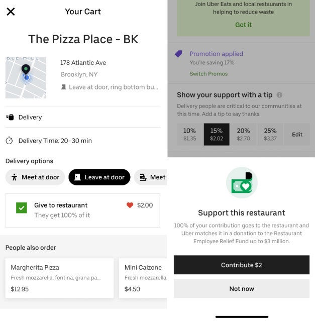 Uber Eats donation option - The Uber Eats app now provides an option to donate $2 to support your favorite restaurant