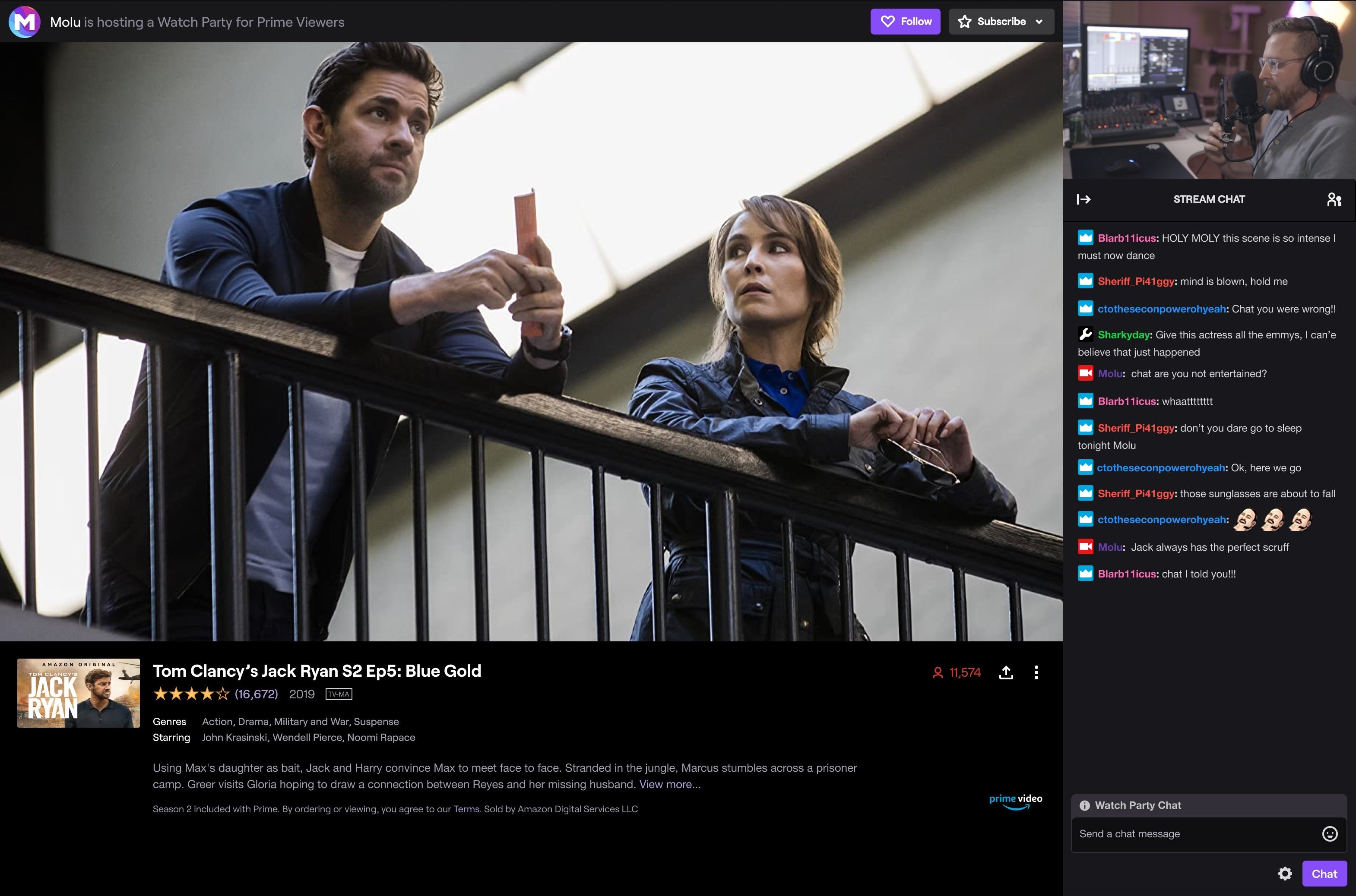 Screenshot showing the Twitch Watch Parties experience - Twitch Watch Parties lets streamers and their audiences watch Amazon Prime movies together