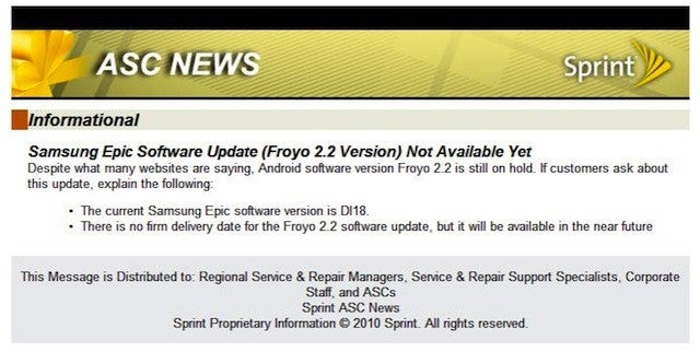 Sprint&#039;s internal memo makes it clear that the Samsung Epic 4G will not be getting Android 2.2 soon - Sprint delays Froyo serving for Samsung Epic 4G