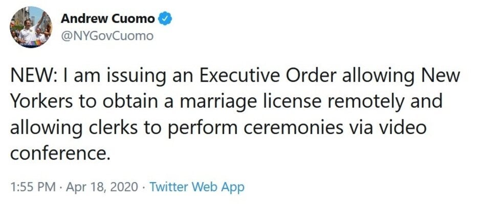 Governor Andrew Cuomo of New York issues an Executive Order allowing weddings to be held virtually in the state - New Yorkers can get married over FaceTime during coronavirus outbreak