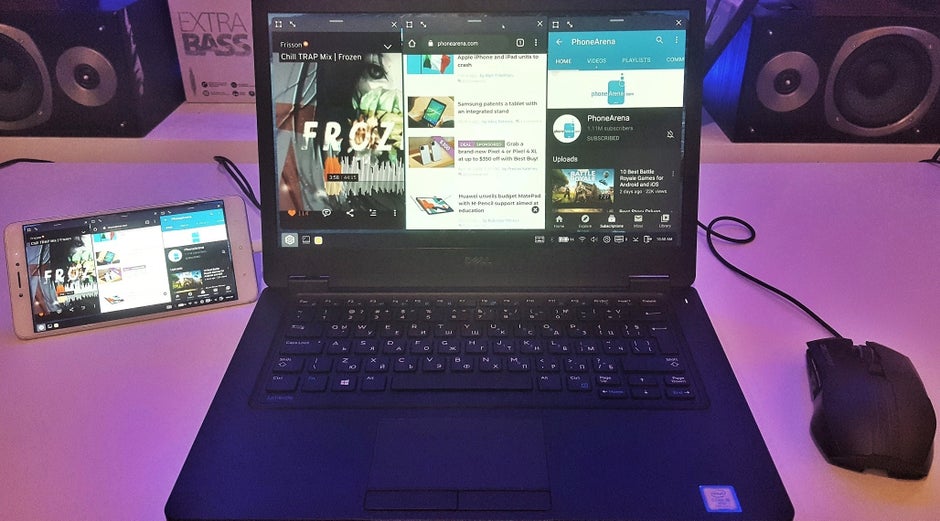 Here we're using the free Sentio Android launcher to run three Android apps at the same time. Galaxy phone users can use Samsung Dex to get this experience. - How to mirror your Android phone screen to PC for free, with full keyboard and mouse support