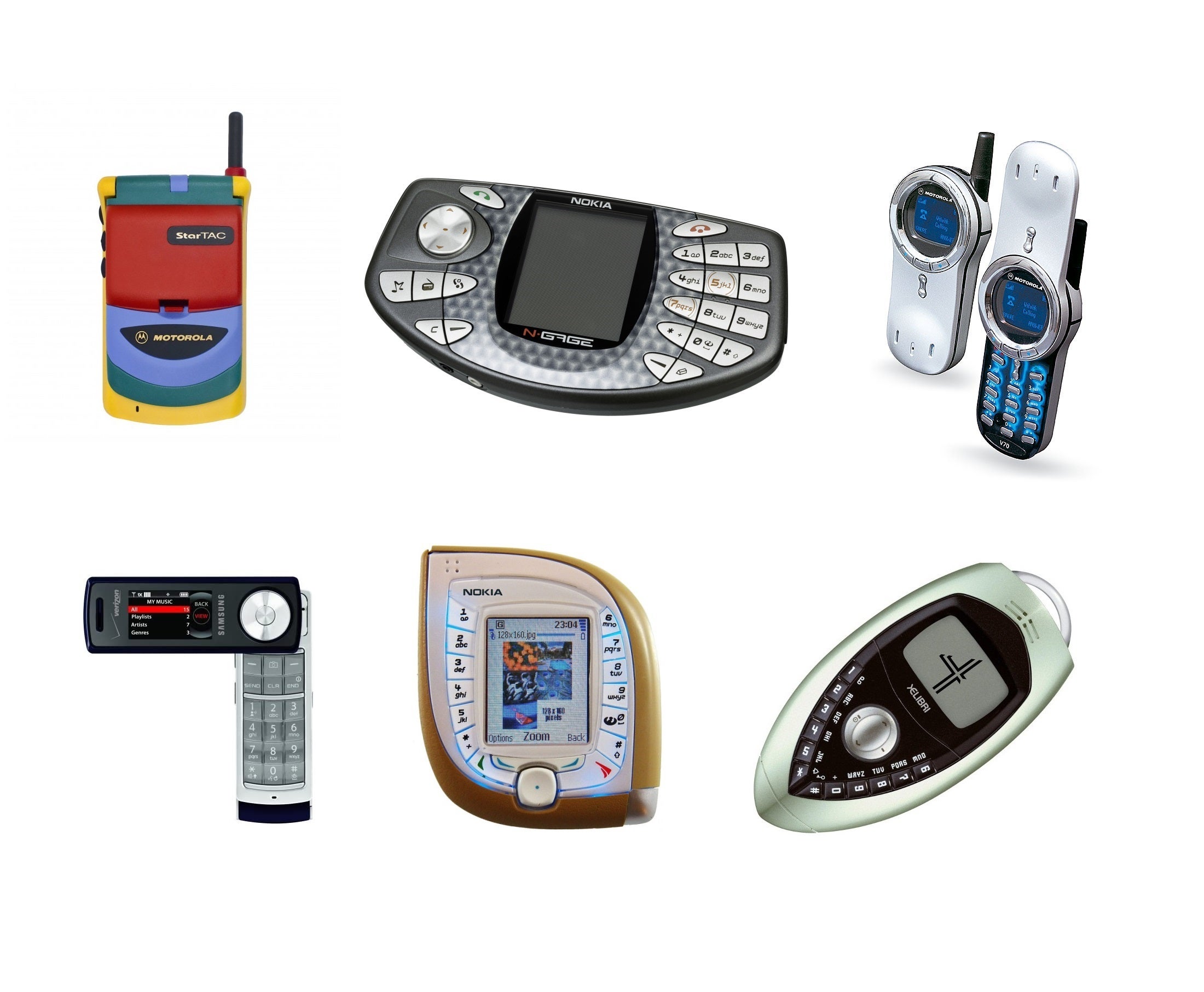 On the top row - Motorola StarTAC Rainbow, Nokia N-GAGE, Motorola V70; On the bottom - Samsung Juke, Nokia 7600, Siemens Xelibri 4 - Why do all smartphones look the same?