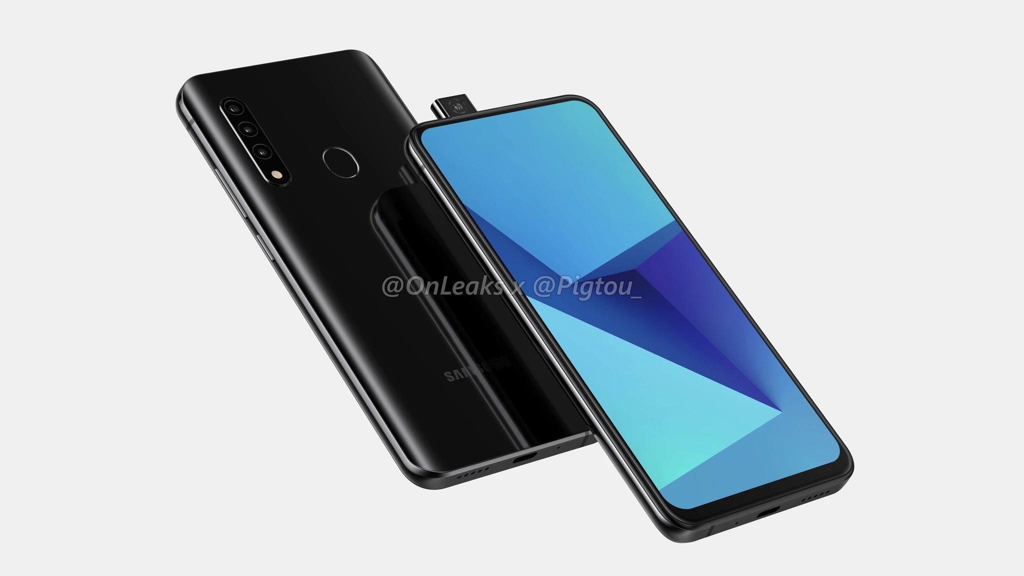 This render allegedly shows a Samsung Galaxy A mid-ranger with a pop-up selfie camera - Renders allegedly reveal Samsung's first phone with a pop-up camera; 5G support not clear