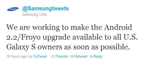 Samsung USA tweets that it is working to bring Froyo for the Galaxy S handsets ASAP