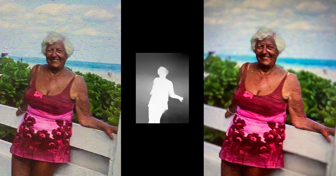 The flat 2D photo on the left was photographed with the SE, with the result shown on the right - a focused subject in front of a blurred background! The image in the middle shows what the SE thought is the main subject, correctly, and what it registered as the background, despite this being a flat 2D photo with no 3D depth. - Developer tests 2020 iPhone SE camera, results show impressive photography for a single-camera setup