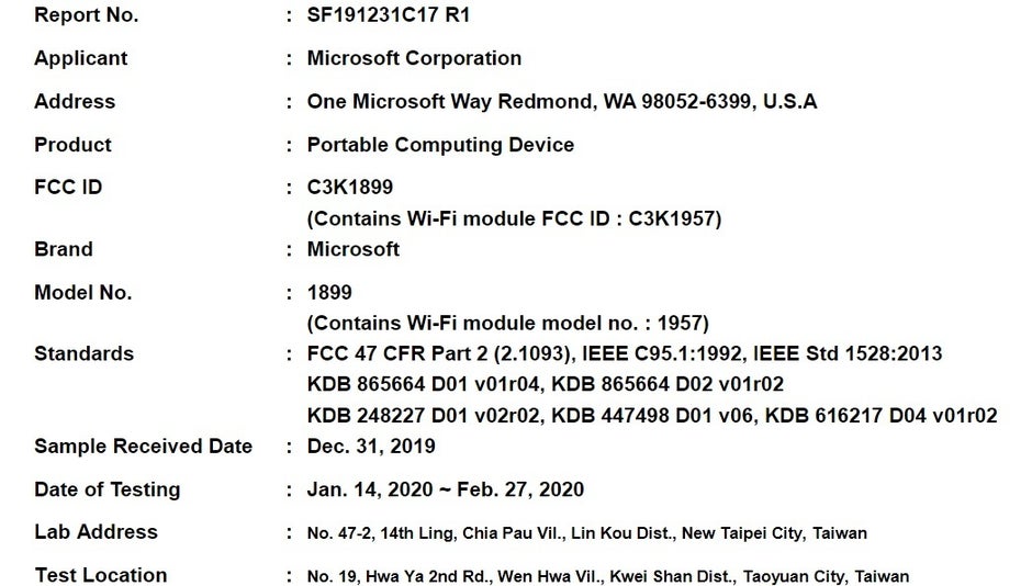 The FCC filing which seemingly shows the Surface Book 3 - Microsoft Surface Book 3 apparently certified by FCC
