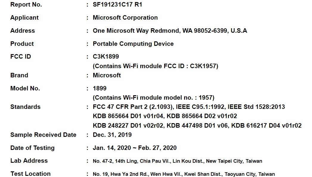 The FCC filing which seemingly shows the Surface Book 3 - Microsoft Surface Book 3 apparently certified by FCC