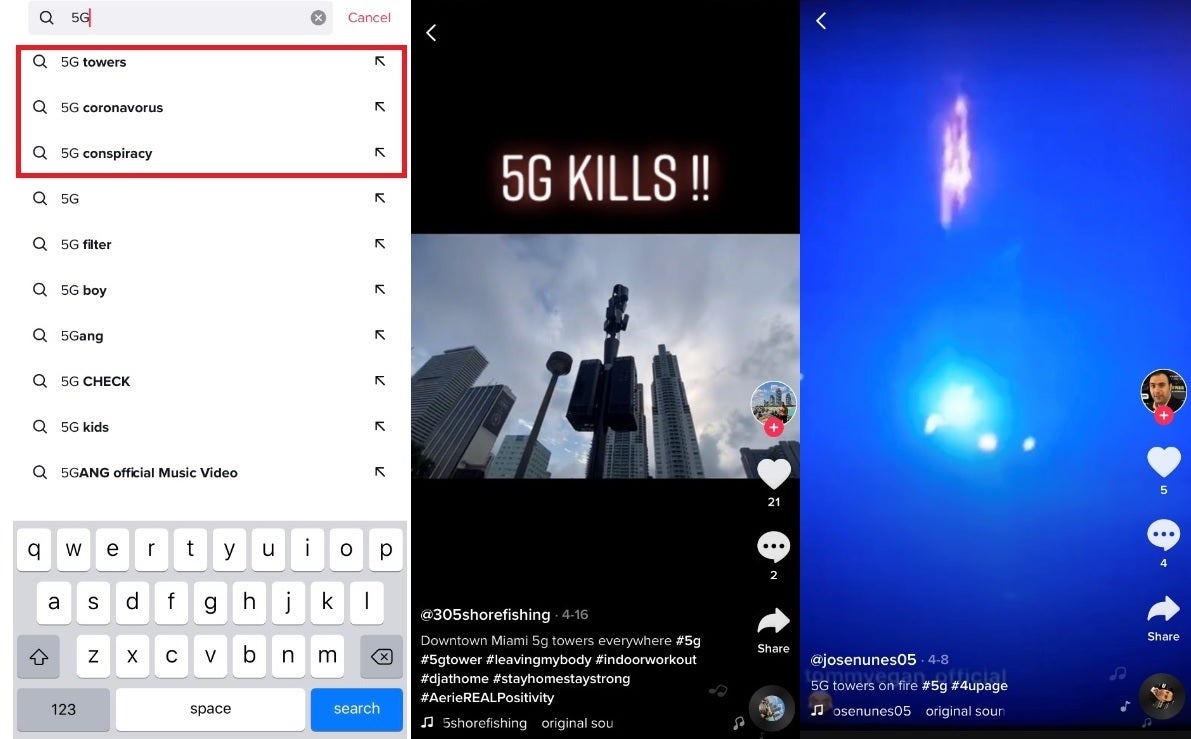 Despite comments from a TikTok spokesman stating that it does not allow conspiracy theories to be posted, we found these images on the app - TikTok overlooked as U.K. lawmakers investigate COVID-19 5G conspiracy theory and more