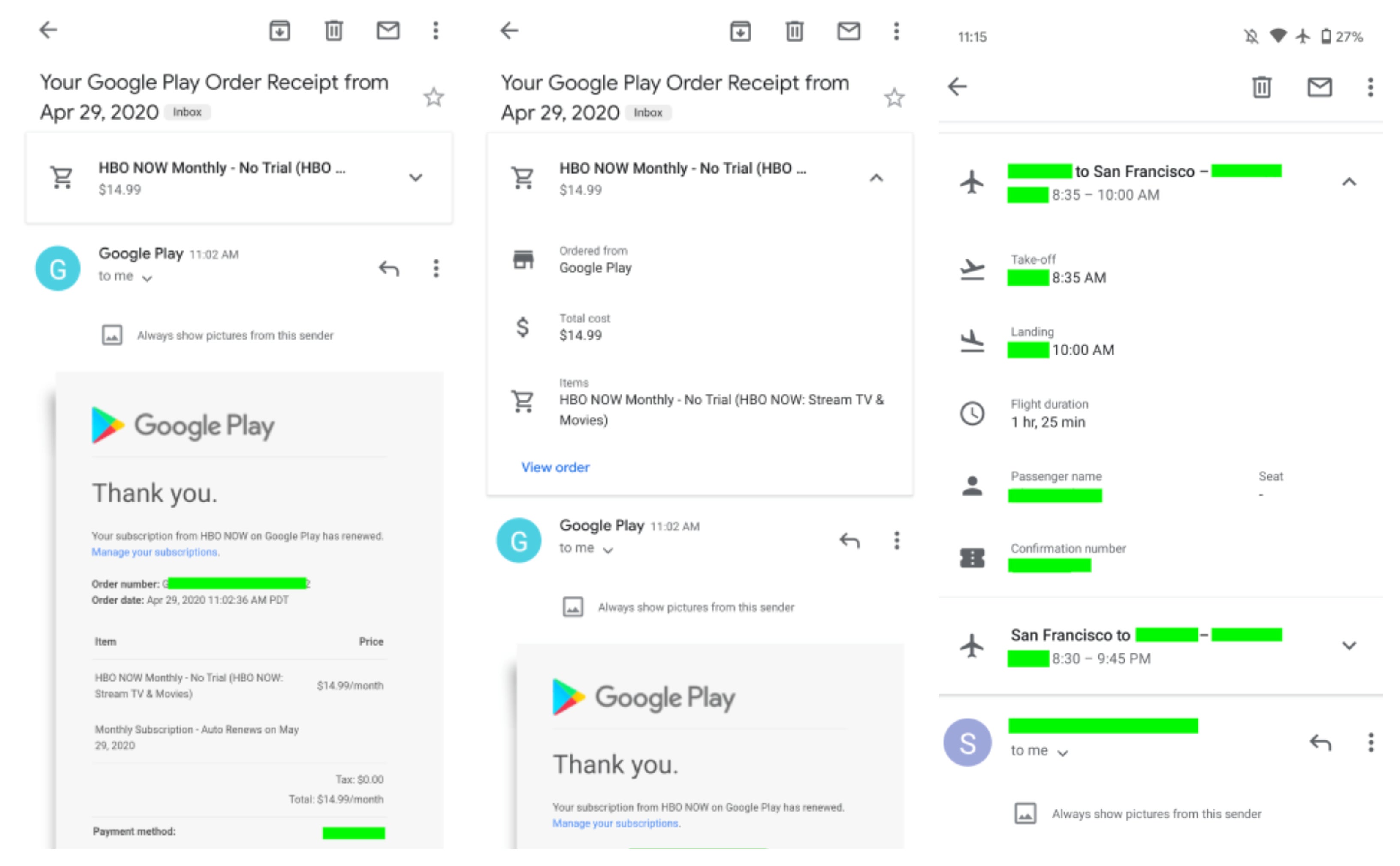 An example of purchase and flight summary cards (courtesy of 9to5Google) - Gmail for Android and iOS gets a useful desktop feature