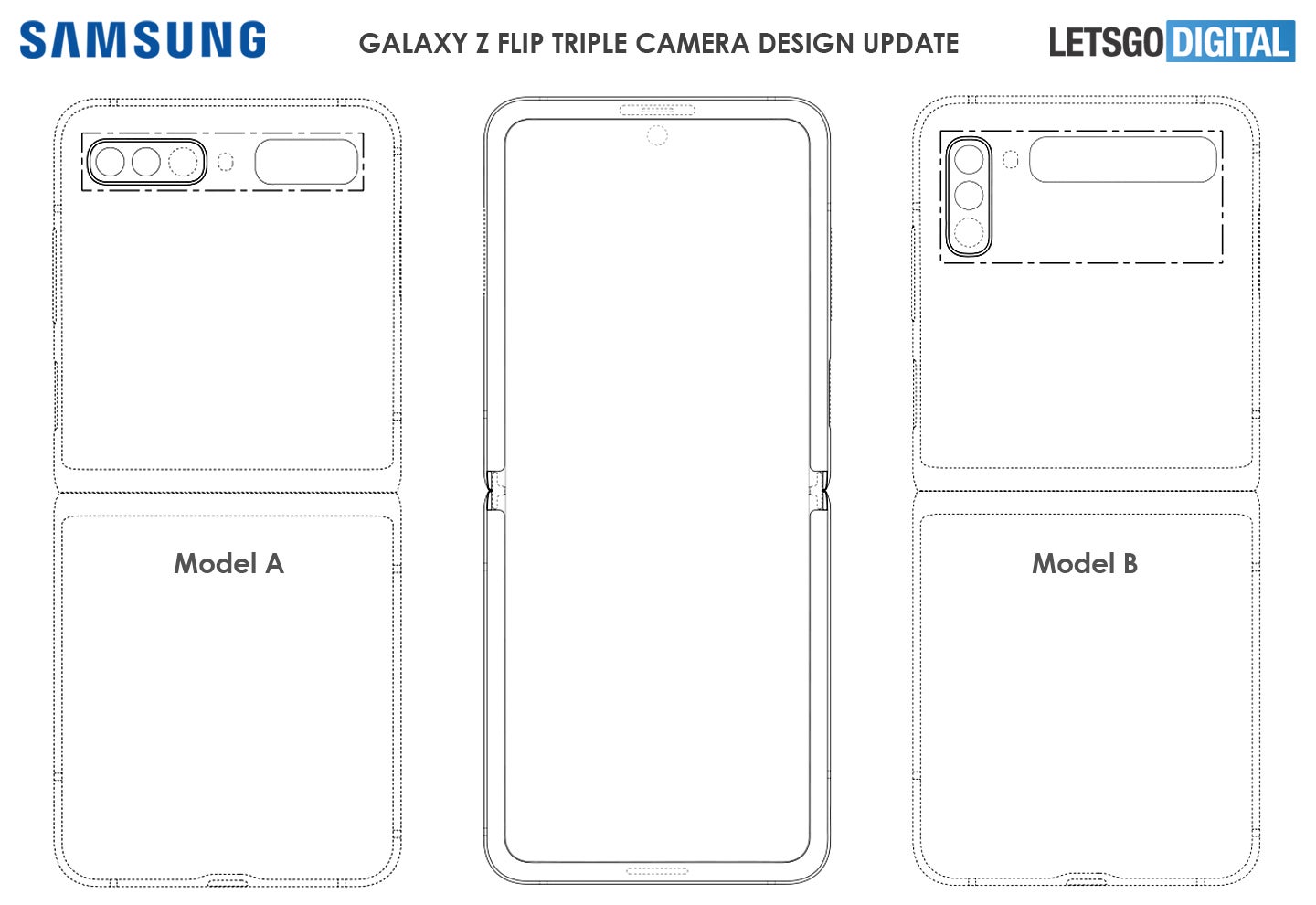 Alleged Galaxy Z Flip 2 design sketches - Galaxy Z Flip 2 will likely have a triple camera system, larger front display