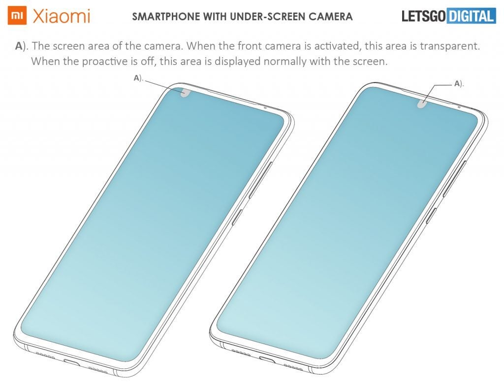 The patent images show where Xiaomi is considering placing the under-display selfie camera - Xiaomi&#039;s future smartphone with under-display camera looks fantastic