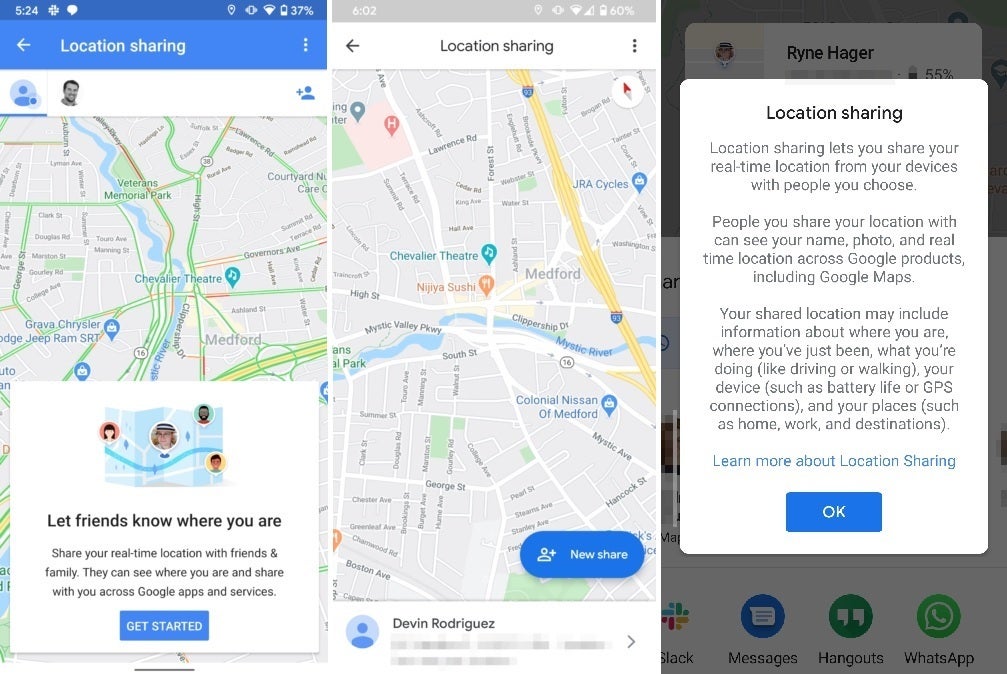 Left - Old interface. Center - New interface. Right - New location sharing information section. Source - Android Police. - Google Maps location sharing gets quietly improved