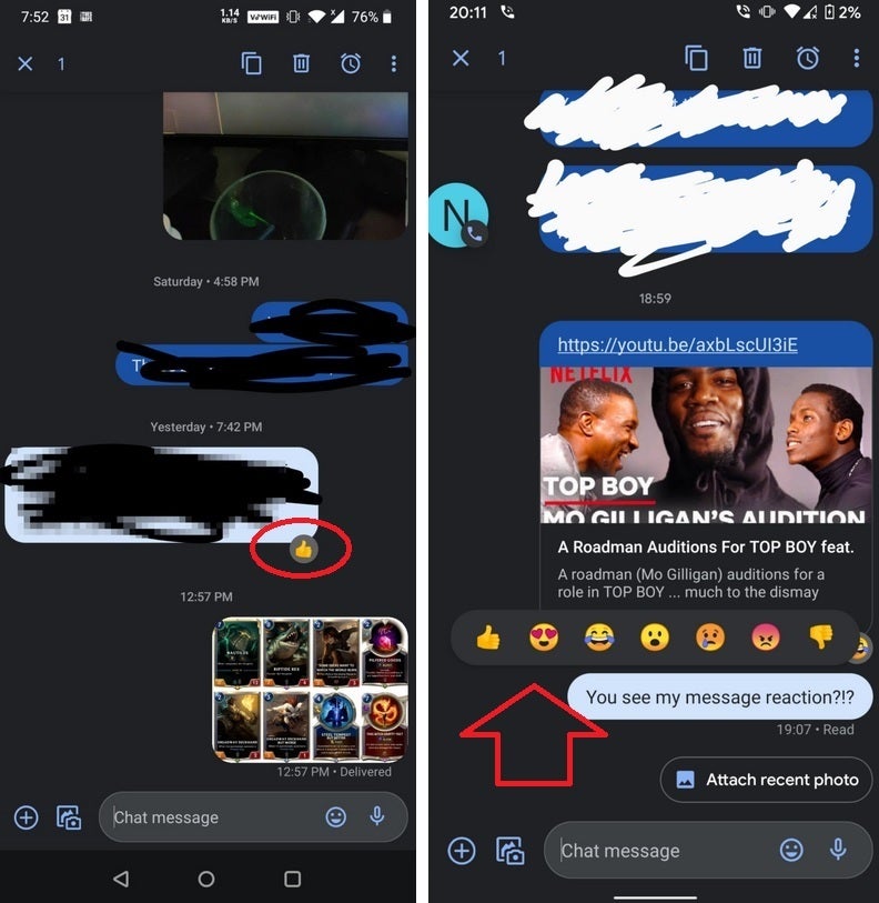 Circle on the left shows the placement of an emoji reaction while the arrow on the right points to the emoji reaction options - Google testing iMessage feature for RCS Chat