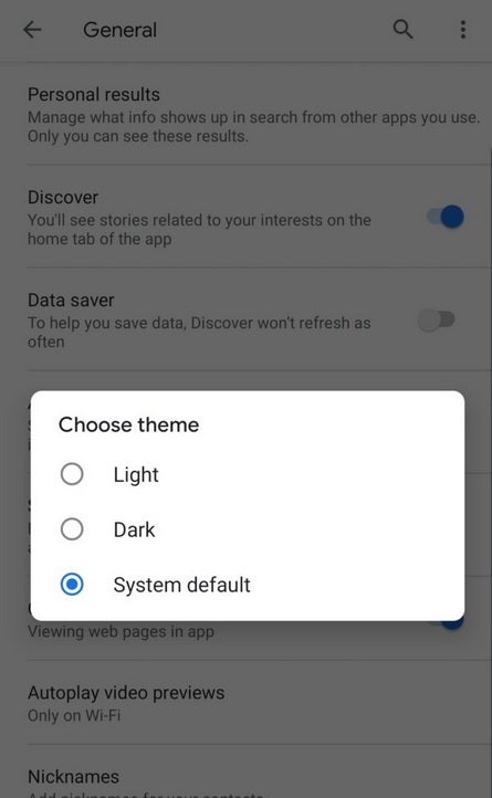 Non-Pixel phones running Android 10 are no longer seeing this option to select dark mode on the Google app - Android update might have caused Dark Mode to break on the Google app